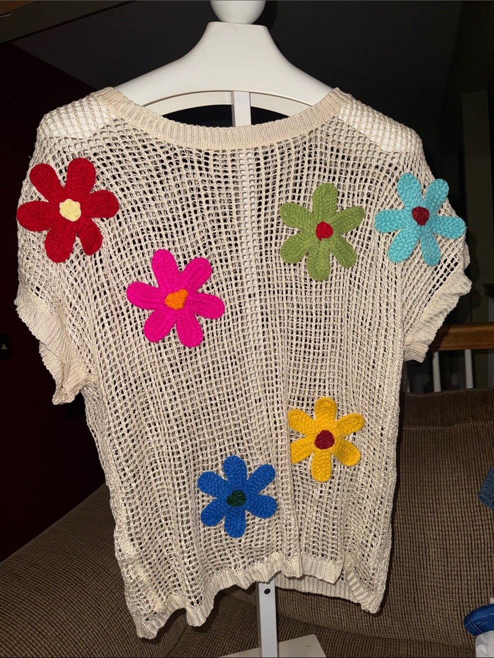 Cream Crochet Short-Sleeve Sweater with Colorful Flower Appliqués